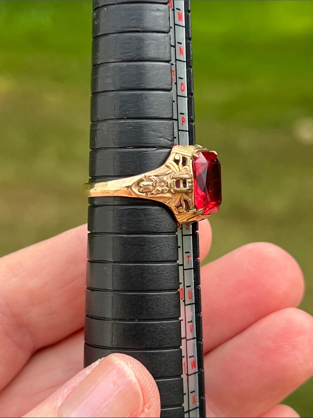 Antique Art Deco Uncas 14k Rolled Gold Plated Red Paste Faceted Glass Ring - Picture 5 of 12